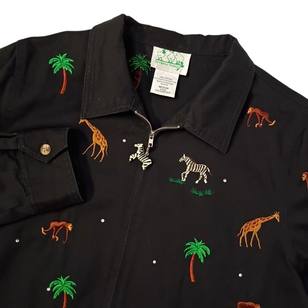 Quacker Factory Jacket Womens Medium Black Safari Jungle Zoo Animals Embroidered